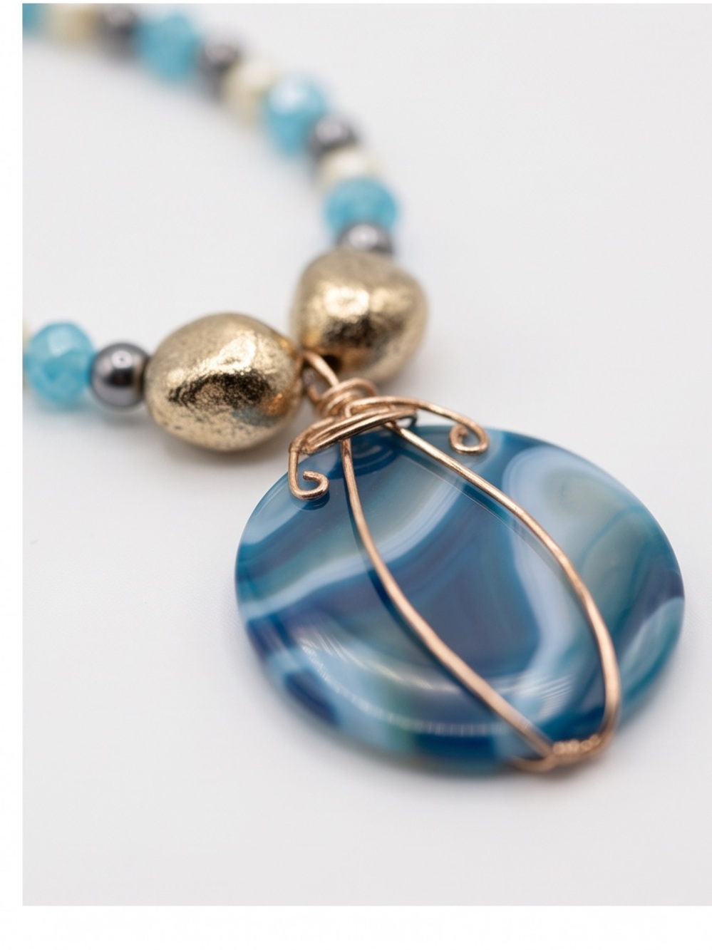 Blue Agate Wire-Wrapped Pendant
Beaded Necklace Hand Crafted